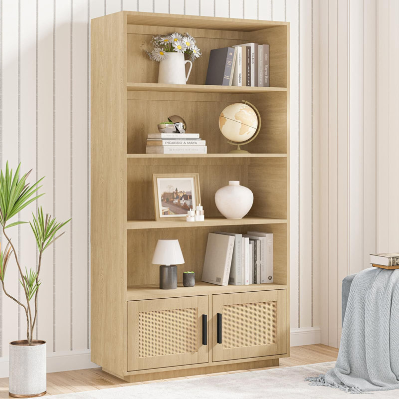 Boho Bookcase With Rattan Doors, 5 Tier Bookshelf, Natural