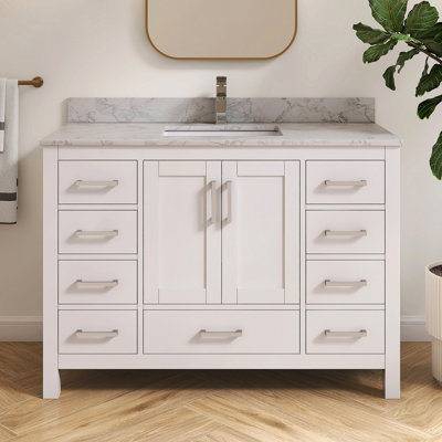 Aura 48'' Fully Assembled Single Bathroom Vanity Set With Solid Surface White Granite Top and Backsplash