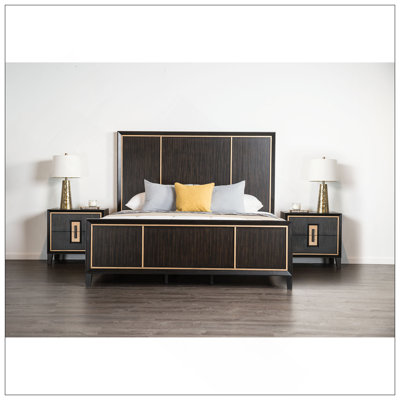 Bedroom Furniture 1Pc Queen Size Bed Espresso High Panel Headboard Gold Accent Trim