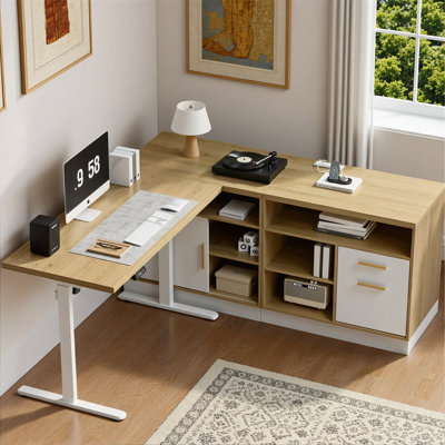 Adonia 67" L-Shaped Adjustable Standing Desk With 2 File Cabinets, AC/USB, Sit-Stand Home Office Desk