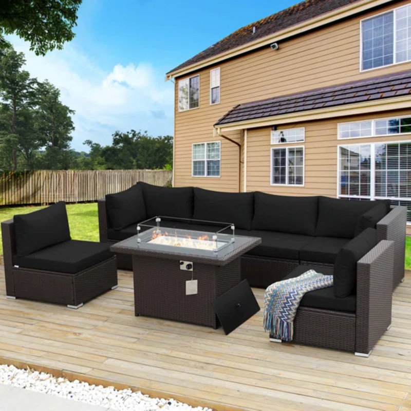 Ensemble de conversation pour patio 7 pièces en osier avec haut foyer et table basse, Noir, Brun