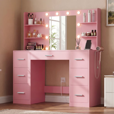 Makeup Vanity With Led Lighted Mirror And Built-In Power Supply