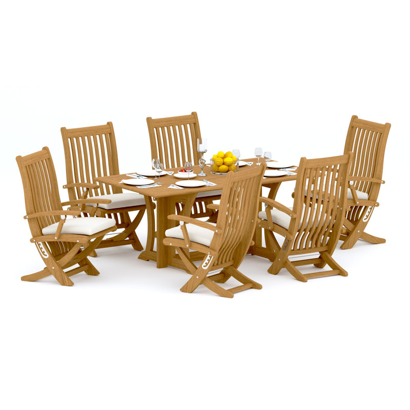Ensemble de salle à manger 7 pièces en bois de teck de qualité A: console rectangulaire pliante Warwick et 6 chaises à accoudoirs inclinables Warwick # 11Wa1506