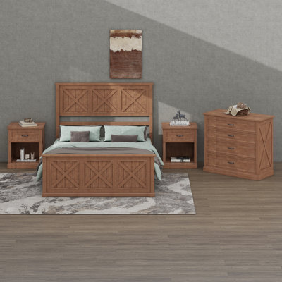 4 Piece Bedroom Set,Farmhouse Queen Bedroom Furniture Sets With Wooden Platform Bed Frame, 2 Storage Nightstands And 1 Dresser