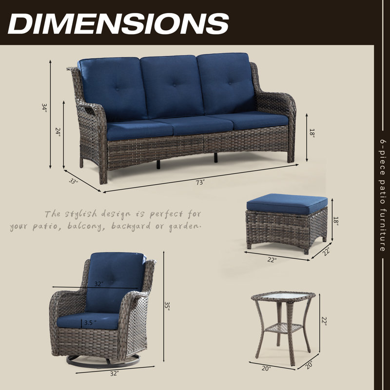Ensemble de conversation d'extérieur pour 7 personnes avec coussins Ventress, Bleu