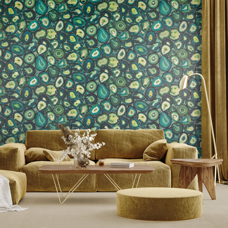 Chelchowska Pepper Collection Glass Bead Finish Geometric Filo Stone 10.05m x 70cm Wallpaper Roll, Green