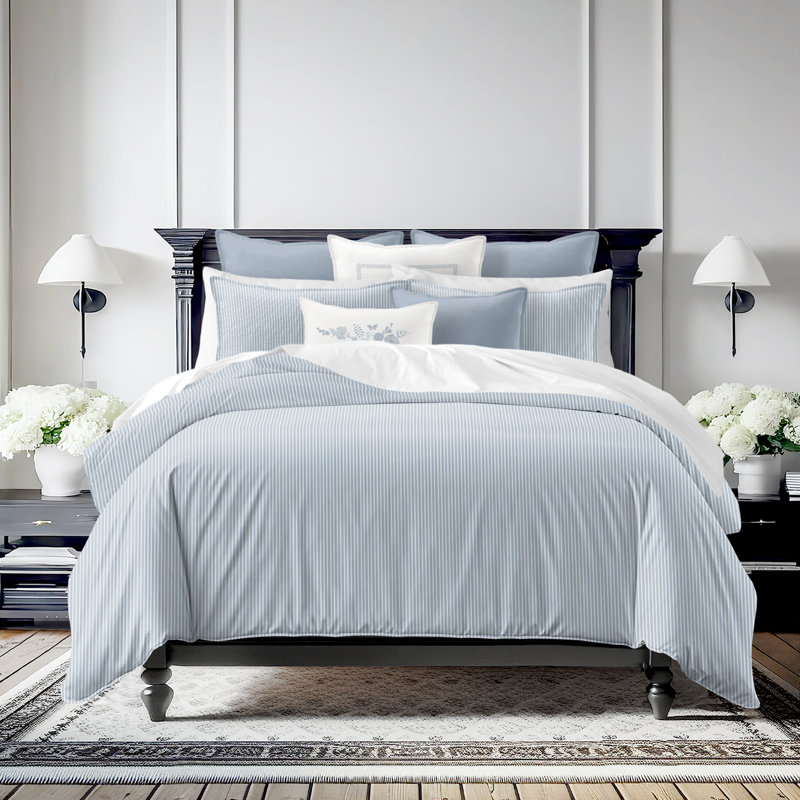 Ruben Stripe Reversible Cotton Duvet Cover Set, Cal.King Duvet Cover + 2 King Shams, Cornflower