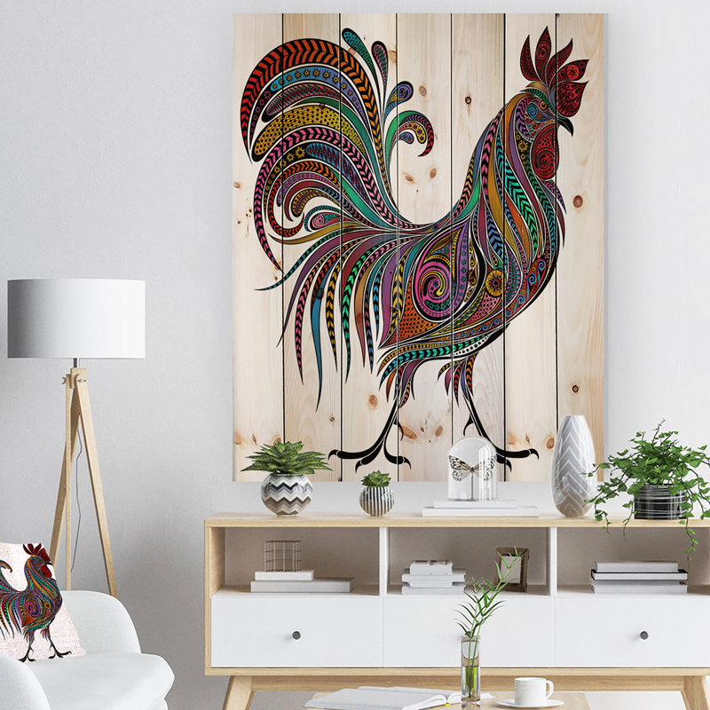 Animal coq avec motifs de couleurs sur toile - Coq 2017, H 32 po x l 16 po x P 1 po, Bois de pin
