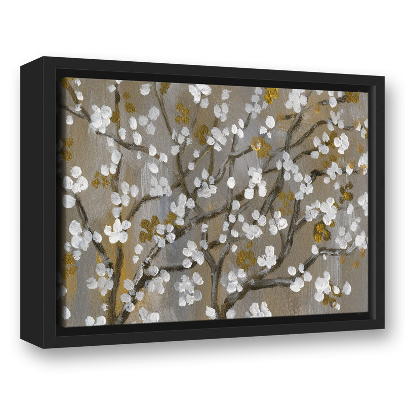 Fleurs de cerisier blanches sur toile, H 12,75 po x l 15,75 po x P 1,75 po, Cadre flottant noir