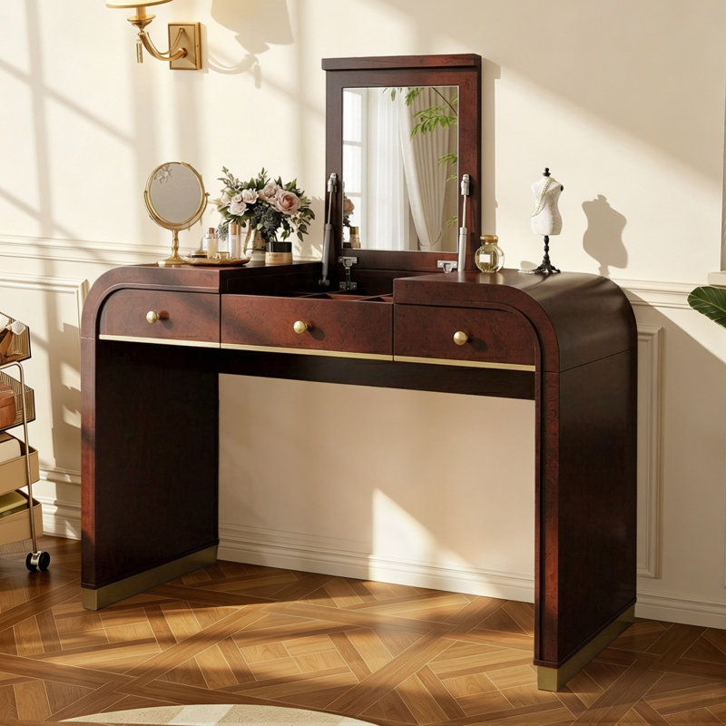 Bureau de coiffeuse classique en bois avec miroir rabattable, coiffeuse 3 en 1 avec 2 tiroirs et espace de rangement pour la chambre à coucher