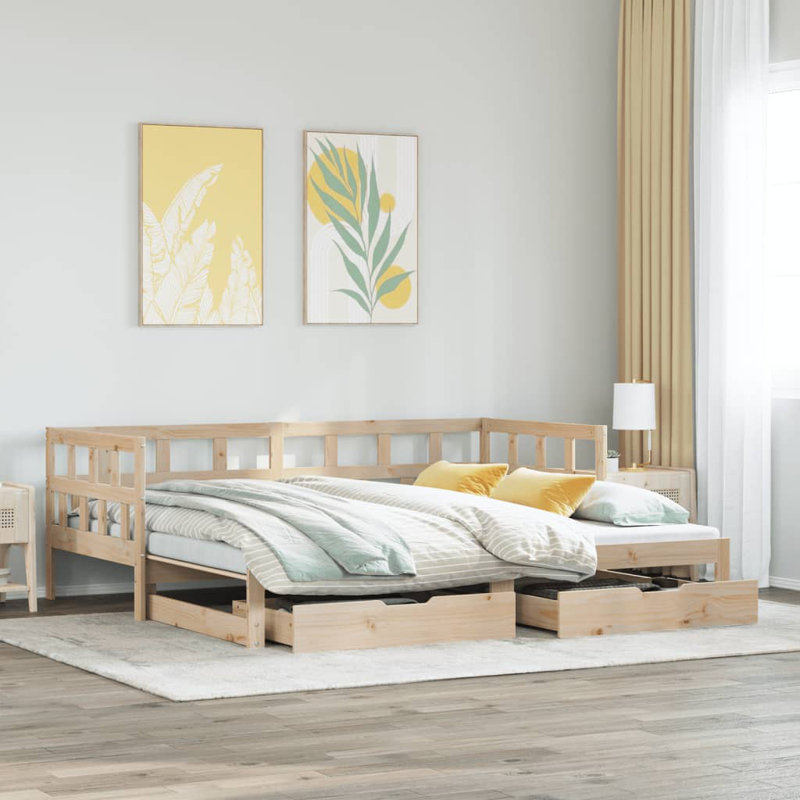 Rojerio Solid Wood with Trundle, European Single (90 x 200cm), Natural