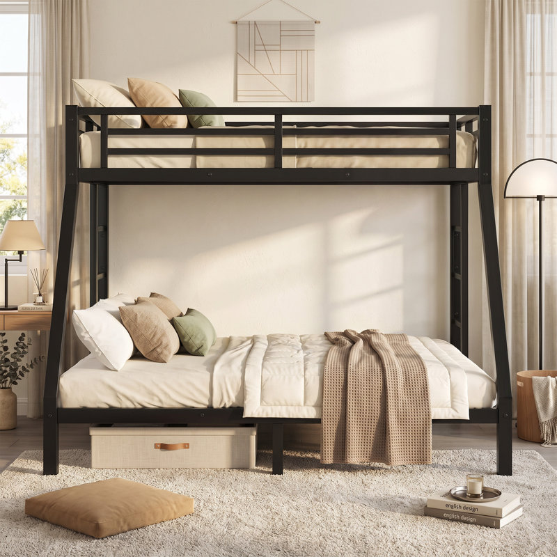 Lit superposé simple au-dessus de grand lit en métal pour adolescents et adultes, structure peu encombrante, conception sans bruit, aucun sommier tapissier requis, noir