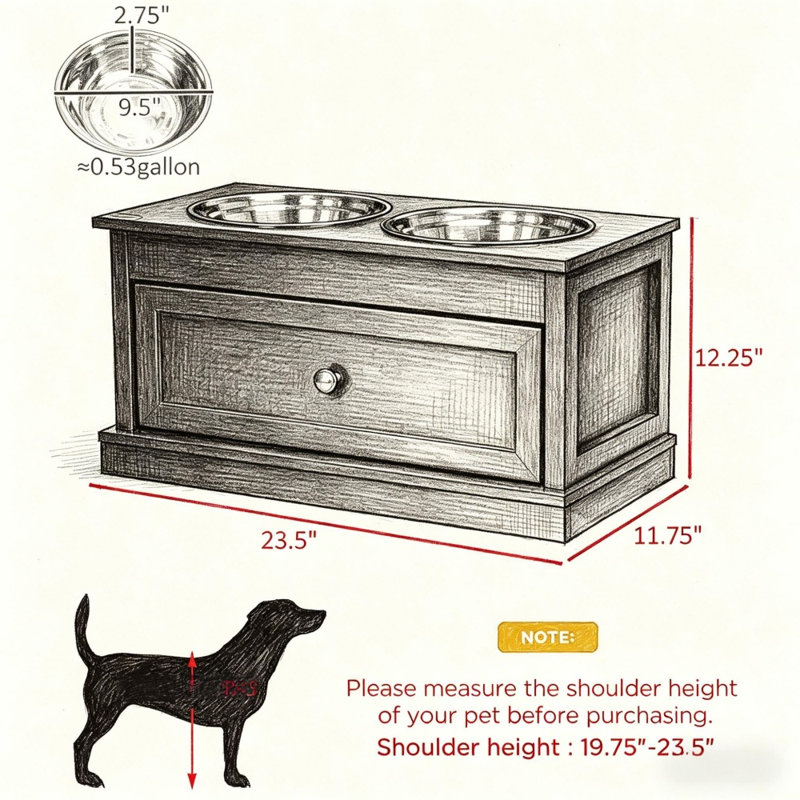 Ensemble de bols pour chiens surélevés en acier inoxydable, acier, PE, ensemble de rangement surélevé brun, grande capacité