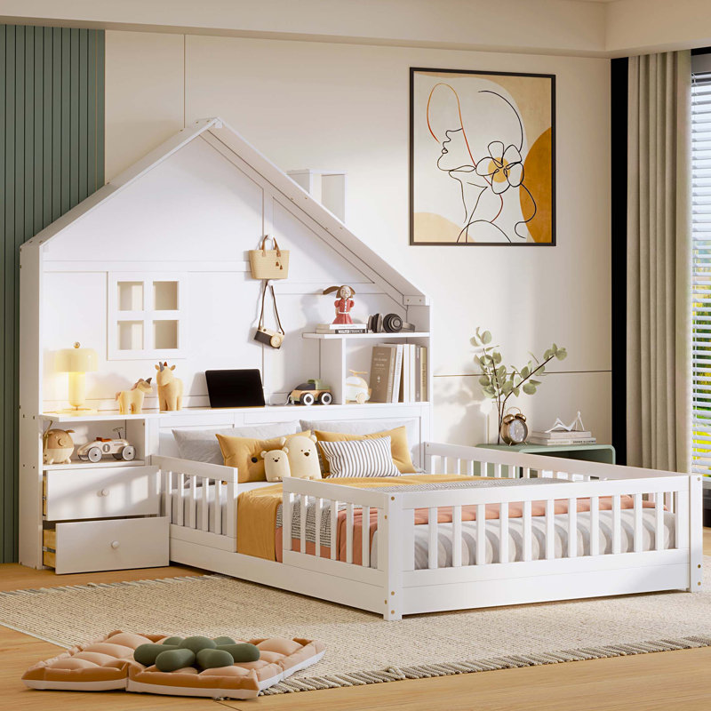 Twin Size House Bed with Window and Bedside Drawers, Platform Bed with Shelves and a set of Sockets and USB Port, Full, White