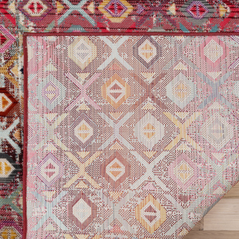 Marsetta Zari Red Multicolor Bohemian Moroccan Polypropylene Machine Woven Indoor Outdoor All Weather Area Rug