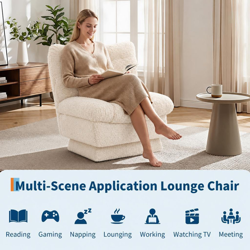 White Teddy Fleece Swivel Accent Chair, 360° Rotation Single Lounge Armchair, Ergonomic High Back Reading Chair, Thick Sponge Padded Leisure Chair for Bedroom Living Room, 300lbs Weight Capacity