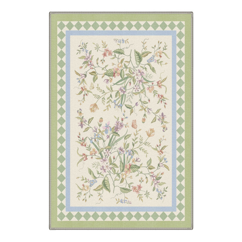 Tapis de porte antidérapant lavable à poils courts, motif floral ivoire/vert, Rectangulaire 2 pi x 3 pi