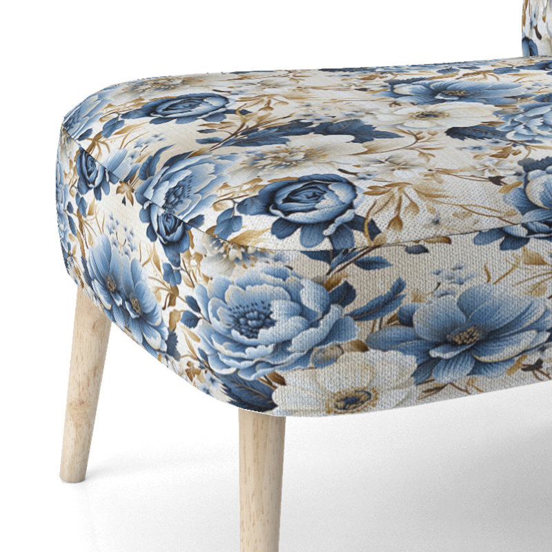 Blue And White Exotic Floral Canvas - Upholstered Farmhouse Side Chair, Rustic Floral Accent Chair
