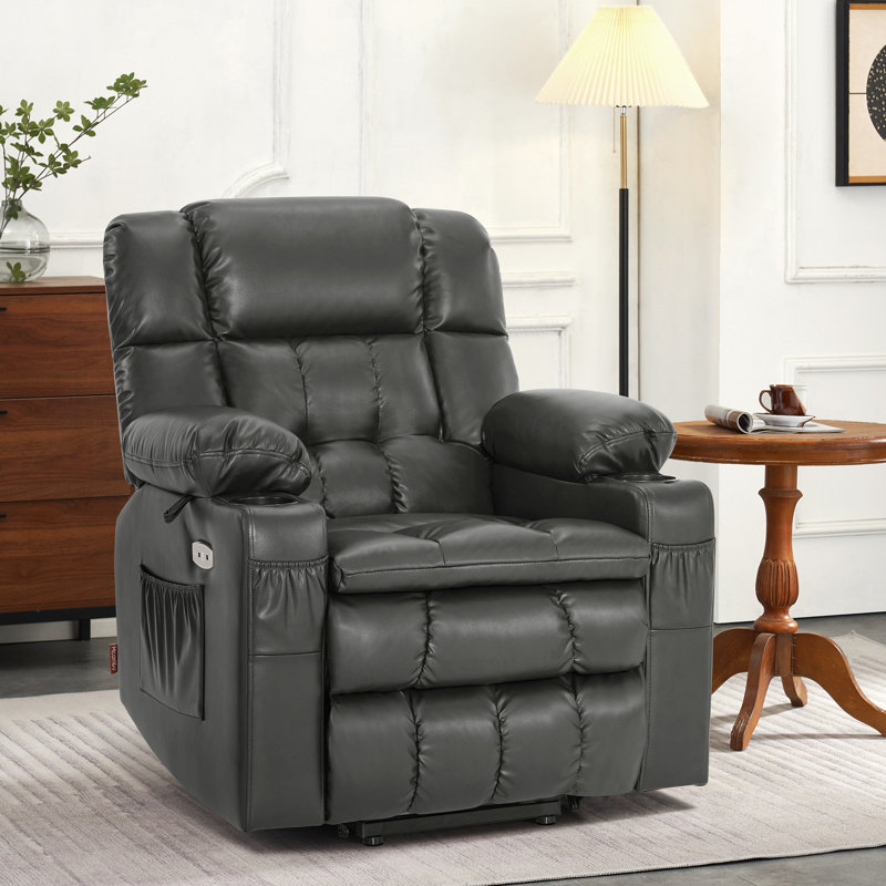 88.9cm Wide Lift Assist Standard Recliner with Massager, Dark Grey