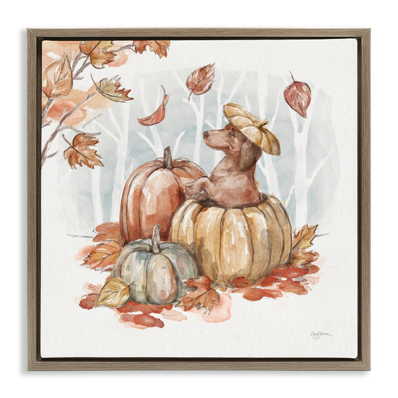 «Fun Dachshund & Pumpkin» par Mary Urban, Cadre flottant orme Montalcino, H 25 po x l 25 po