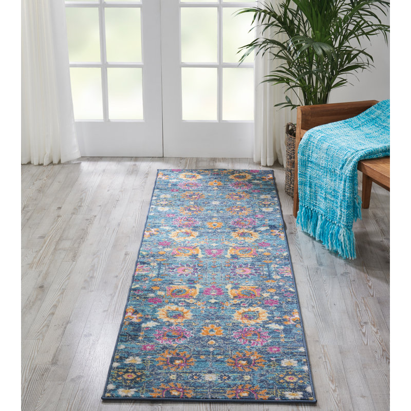 Tapis floral bleu / rose en polypropylène tissé à la machine, Tapis de couloir 2 pi 2 po x 10 pi
