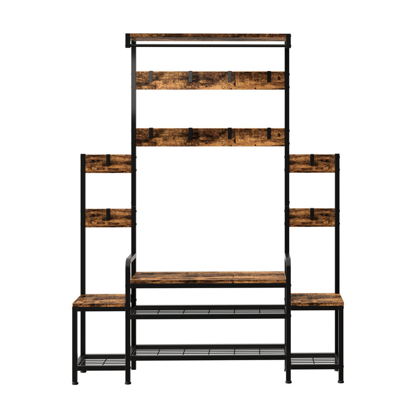 Amandine 55.5" W Hall Tree with Bench and Shoe Storage, Brown