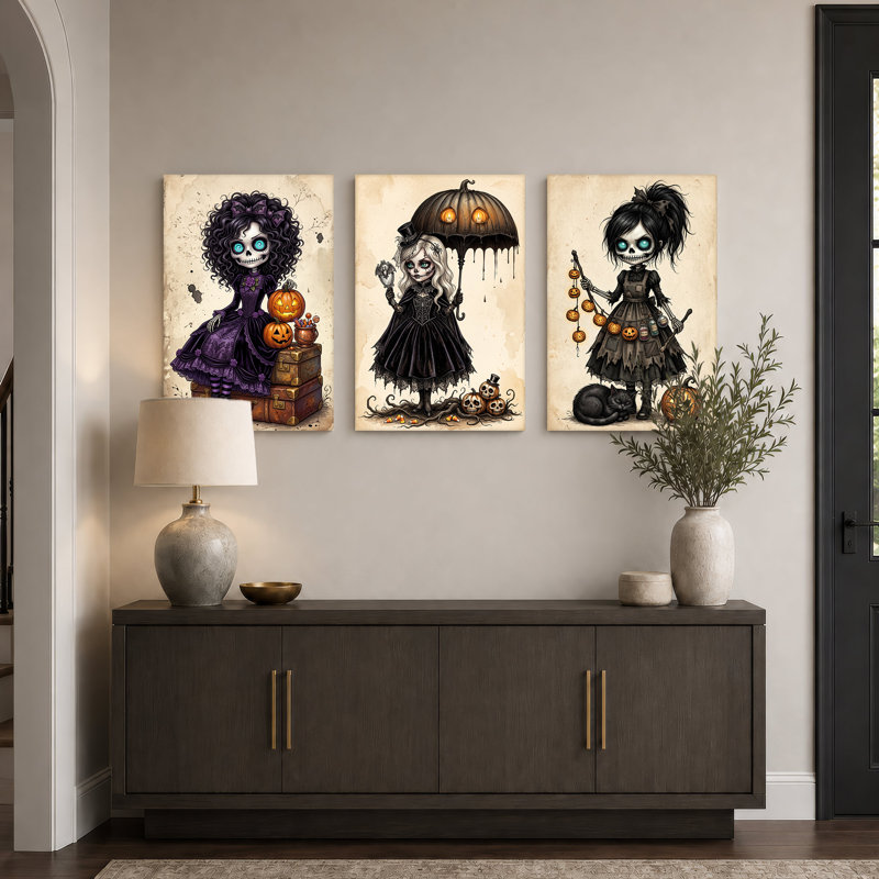 Ensemble de 3 toiles murales gothiques représentant des filles squelettes avec des citrouilles, idéal pour l'Halloween
