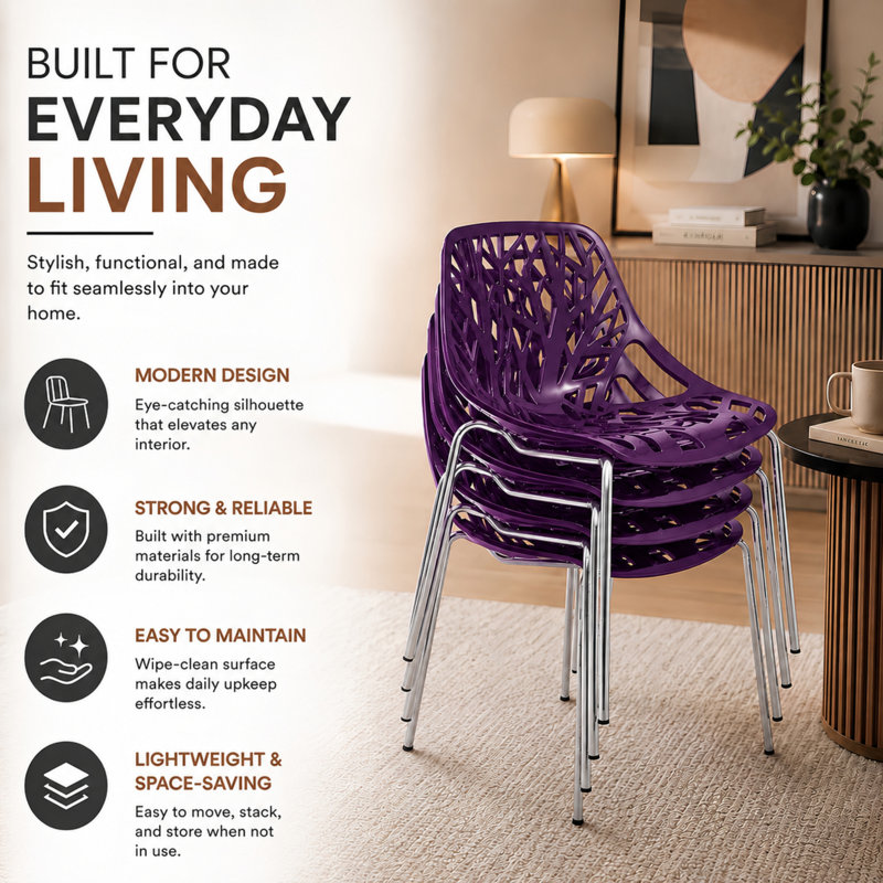Hadda Stackable Dining Chair with Floral Cutout Back and Stainless Steel Legs – Modern Metal Side Chair for Kitchen, Dining Room, or Restaurant