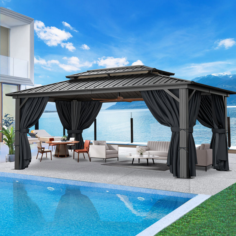Pavillon de jardin rigide 10 x 12 avec toit double en acier galvanisé, pavillon de spa （3,0）, Noir