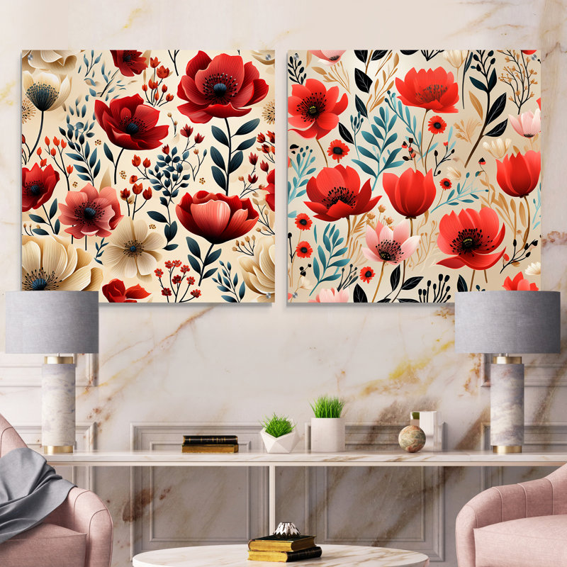 Aquarelle de coquelicots, motif floral rouge et blanc, H 36 po x l 73 po