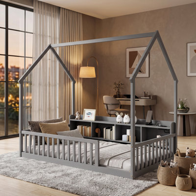 Hampton House-Shaped Floor Bed with Storage Shelves, LED Lighting & Built-in Charging Station, Solid Pine Wood Kids Bed with Safety Guardrails