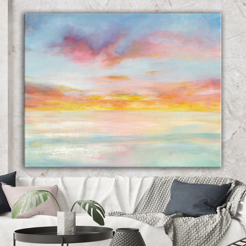 Abstrait pastel rose, nuages bleus, peinture sur toile - nuages bleus roses, H 36 po x l 46 po x P 1,5 po