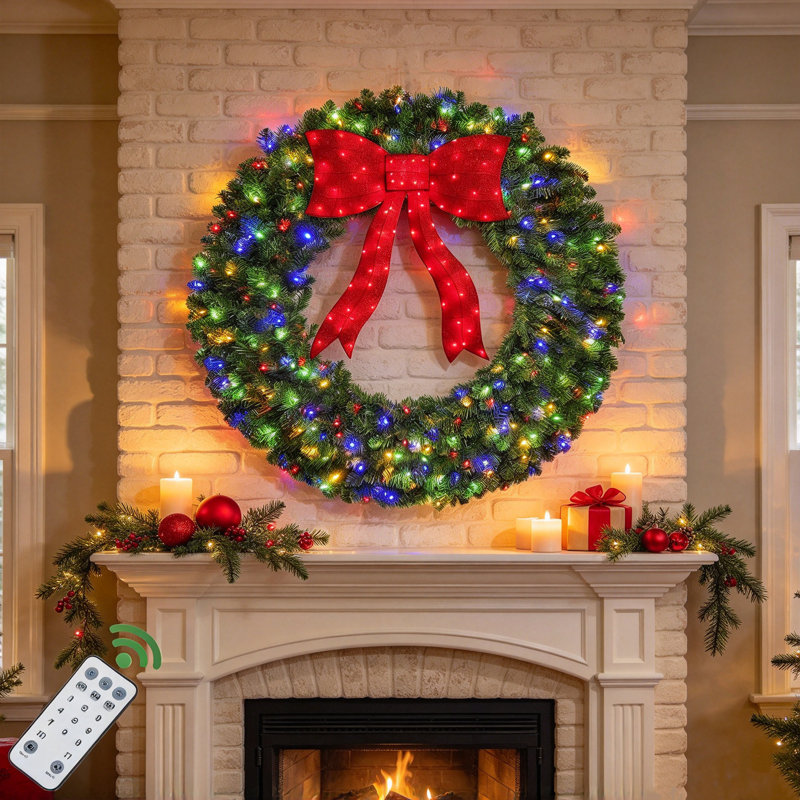 Couronne de Noël artificielle pré-illuminée de 122 cm (48 po), couronne de fêtes avec nœud rouge 3D pour la décoration intérieure et extérieure