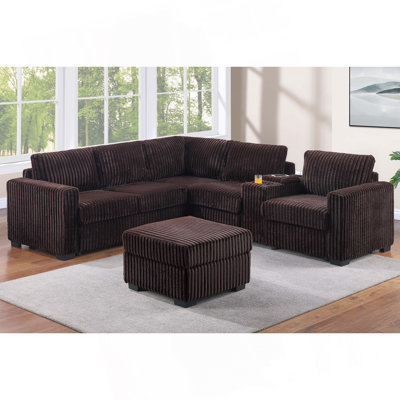 Contemporary Style 4Pc L-Shaped Sectional Set USB Cup Holder Cushion Back Loveseat Plastic Legs Cocktail Ottoman Square Arms Coffee Finish Primary Living Room