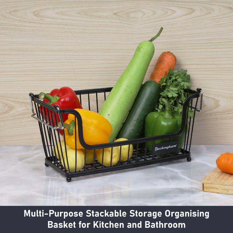 Buckingham Multi-Purpose Stackable Storage Organising Basket, 16cm H x 17cm W x 31.5cm D, Black