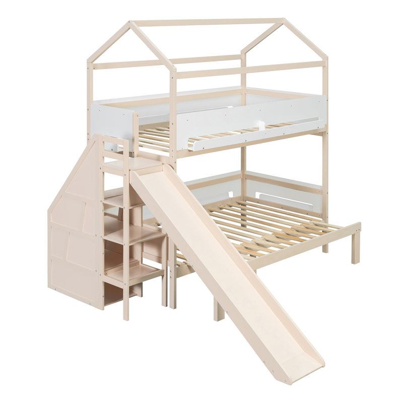 Lit superposé en bois en forme de maison avec glissade et escalier de rangement, cadre de lit simple / simple / double pour enfants, beige et blanc
