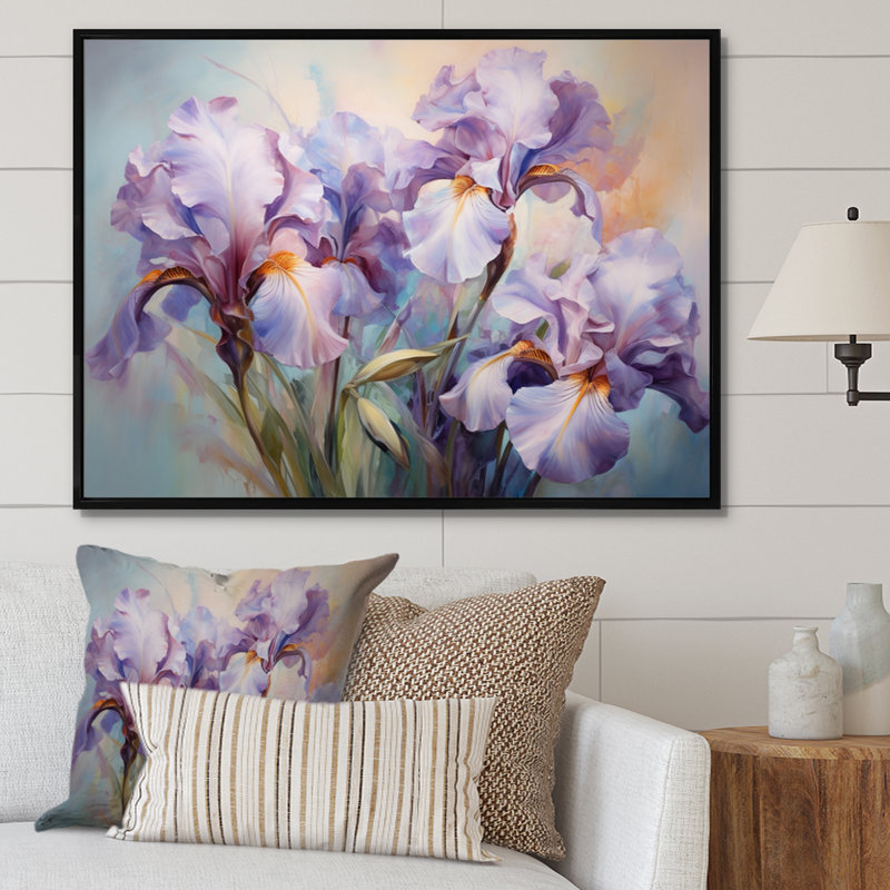 Rose, mauve, iris, impression romantique VI, H 24 po x l 32 po x P 1 po, Cadre flottant noir