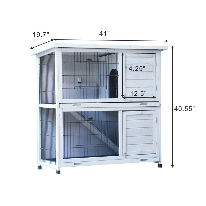 2-Story Rabbit Hutch with Outdoor Run, Indoor Bunny Cage with Waterproof Roof, Non-Slip Ramp & 2 Removable No-Leak Trays for Small Animals