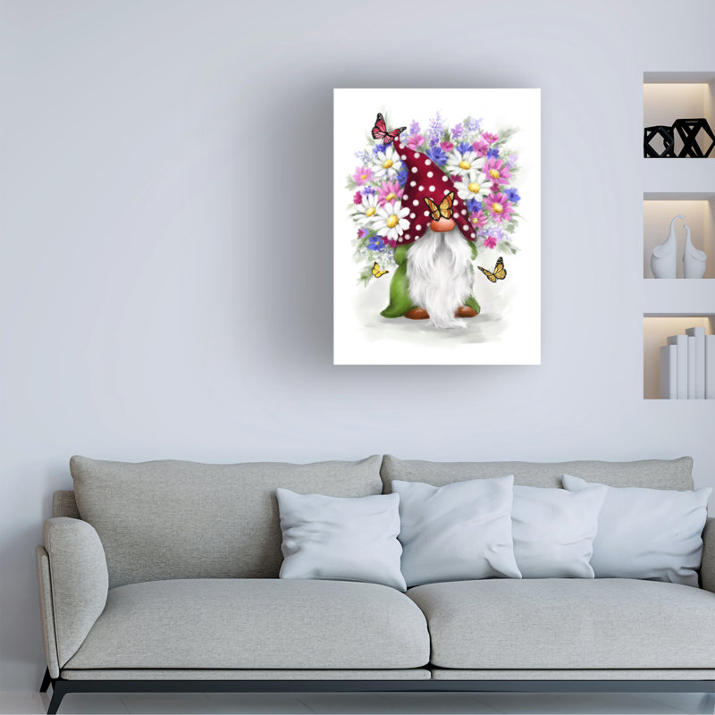 Art sur toile, gnome avec fleurs, H 14 po x l 19 po