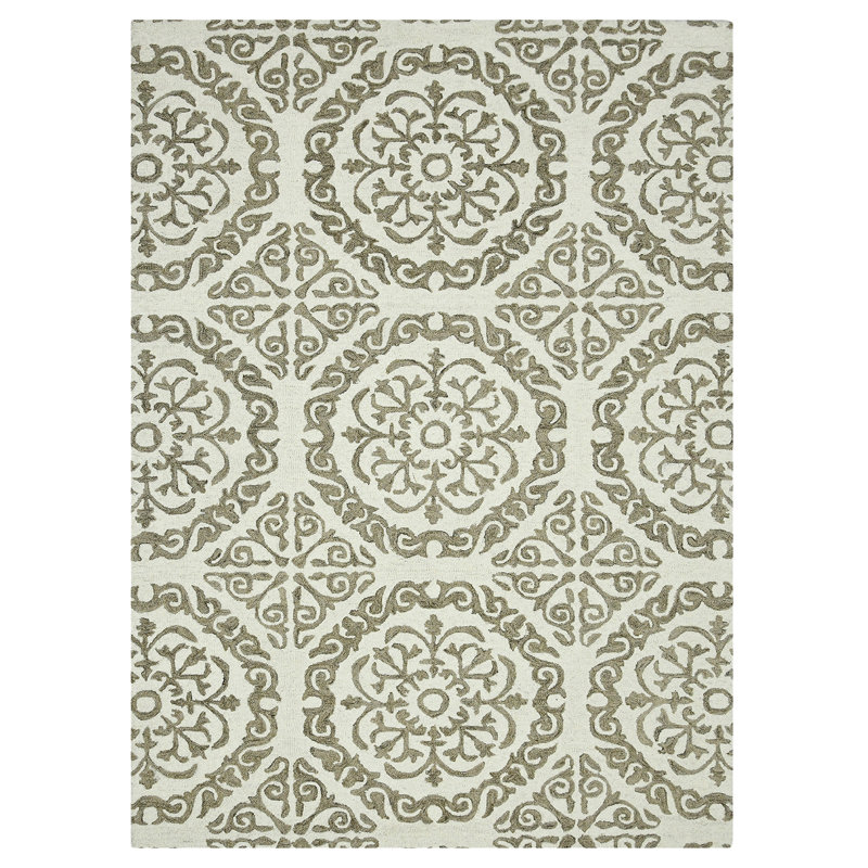 Tapis blanc en laine touffeté à motif géométrique, Rectangle 2 pi x 3 pi