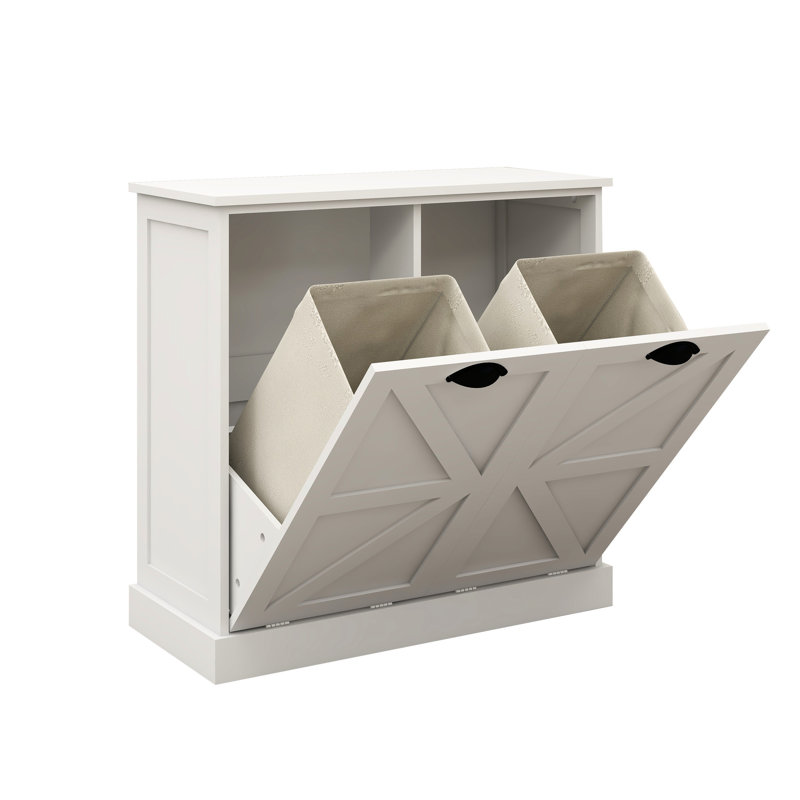 Laundry Sorter Cabinet In White. Elegant And Functional. Removable Cloth Storage Bags. E1 , . Waterproof & Safe. . Easy To Assemble. 100-pound Load Bearing White Cabinet. Bags For Convenience.