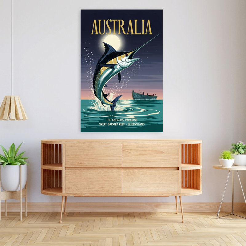 «Leaping Marlin», nuit, rétro, rétro, abstrait, océan de poissons, art mural tropical, H 48 po x l 32 po