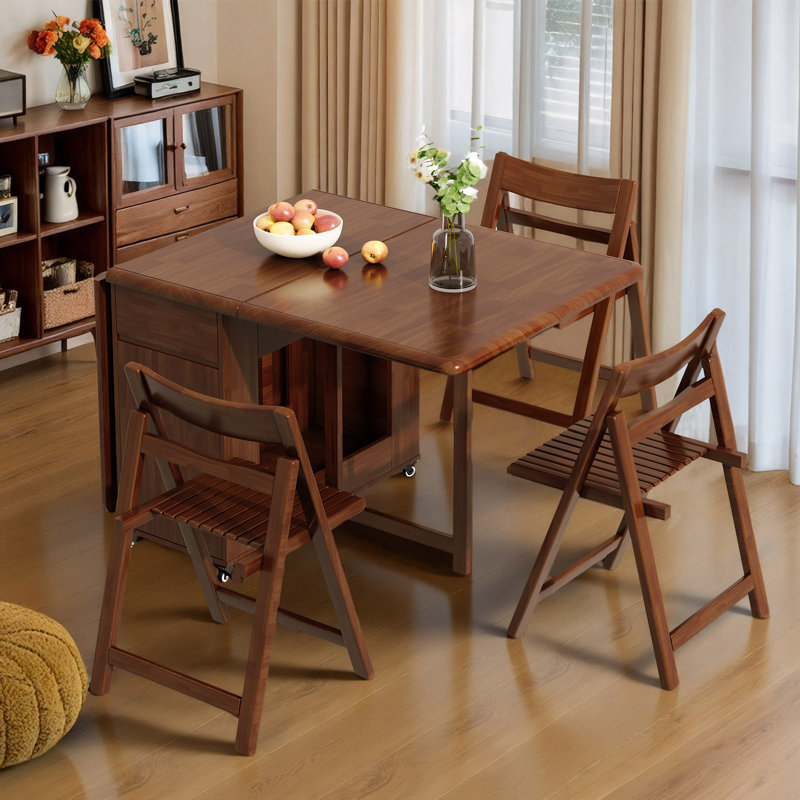 Solid Wood Foldaway Table, Walnut with Casters, Featuring 2 Drawers and Hidden Chair Compartment Fast Dispatch From UK Warehouse – Dispatched Within 2 Days