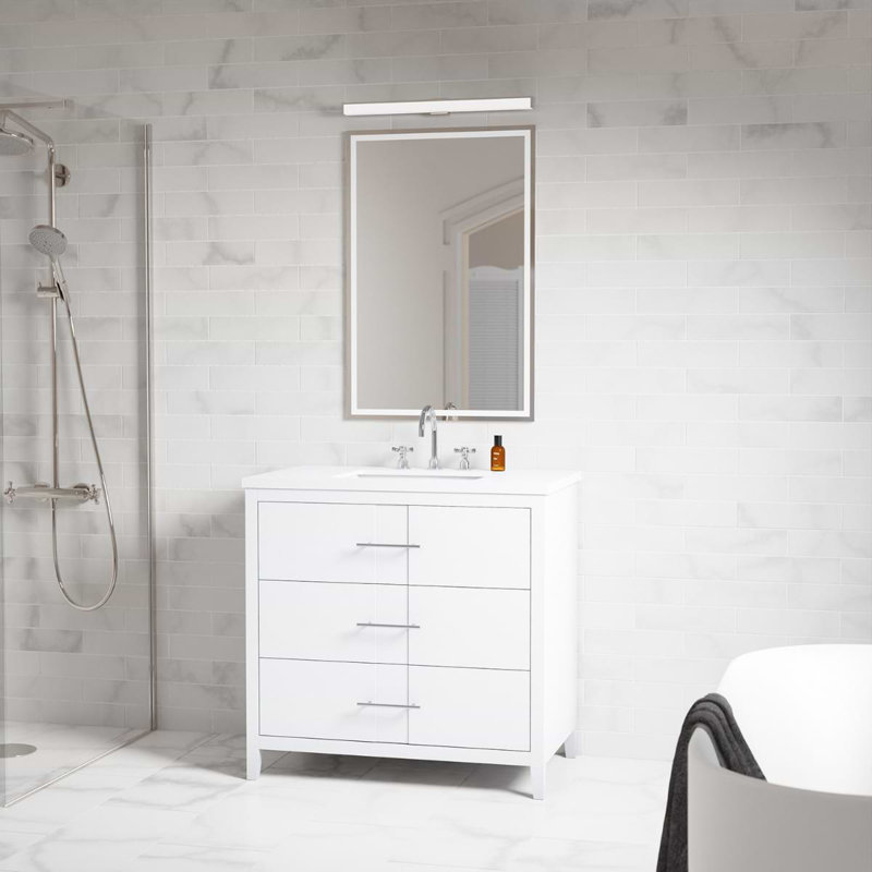 Meuble-lavabo simple autoportant de 36 po Atik avec comptoir en quartz blanc pur et lavabo en céramique, Blanc / argenté