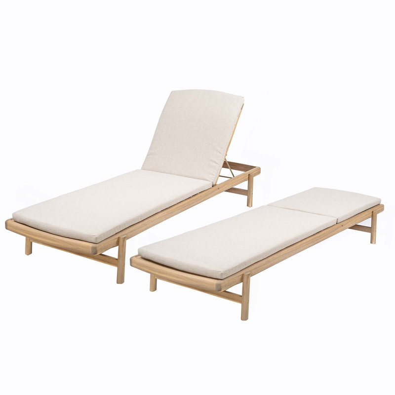 Chaise longue avec coussin en bois d'acacia, ensemble de 2