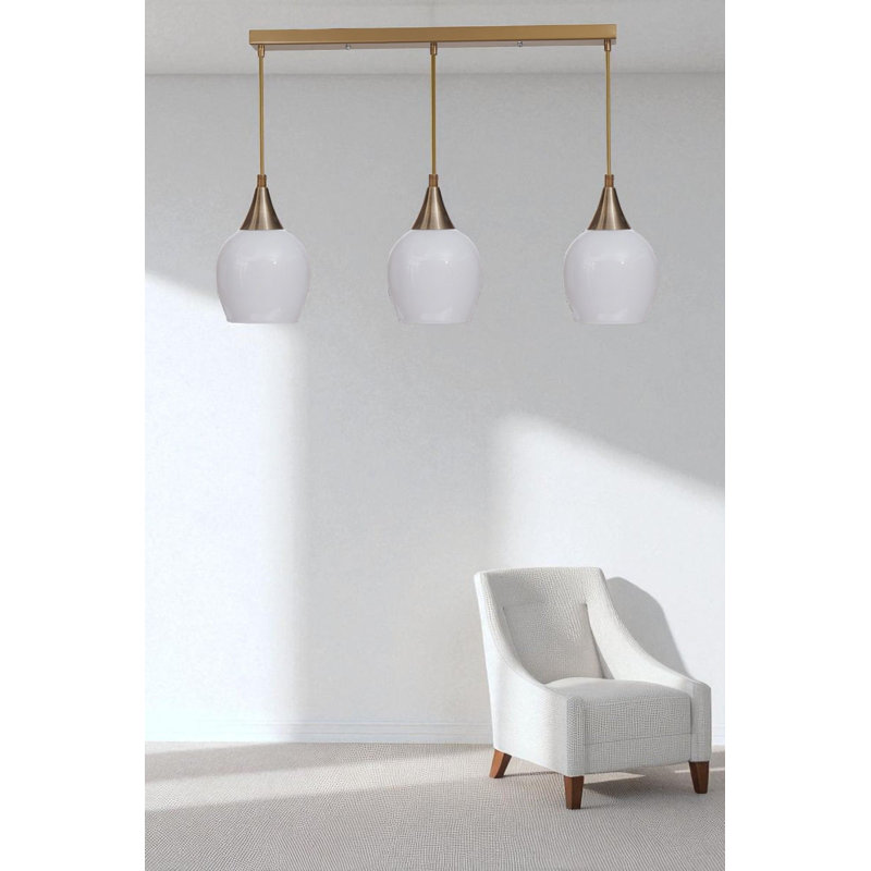 Elegant Metal Chandelier, White & Gold, Adjustable Height 31.5 in | Ø4.7 in Glass Cap, Base Plate 21.7 x 2.4 x 1.2 in | 3 x E27 Max 40W Sockets (Bulbs Not Included) | Modern Lighting for Home Décor, IP20 Rated
