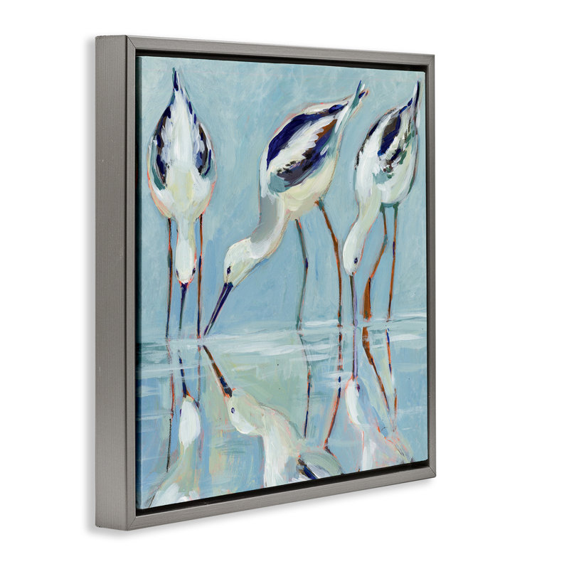 Cadre flottant Stilt Birds Water Reflections, design par Susan Winget, H 18 po x l 18 po, Cadre flottant gris lustré