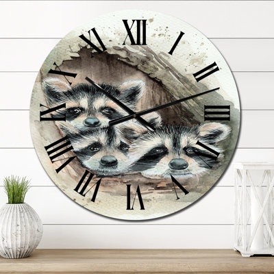 Three Cute Fluffy Raccoons Looking Out Of A Tree - Traditional Wall Clock