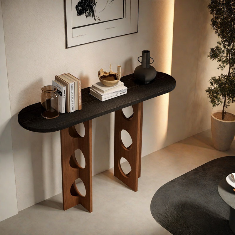 White Ash Console Table, Black, Dark Brown, 31.5" H x 51.2" W x 13.8" D