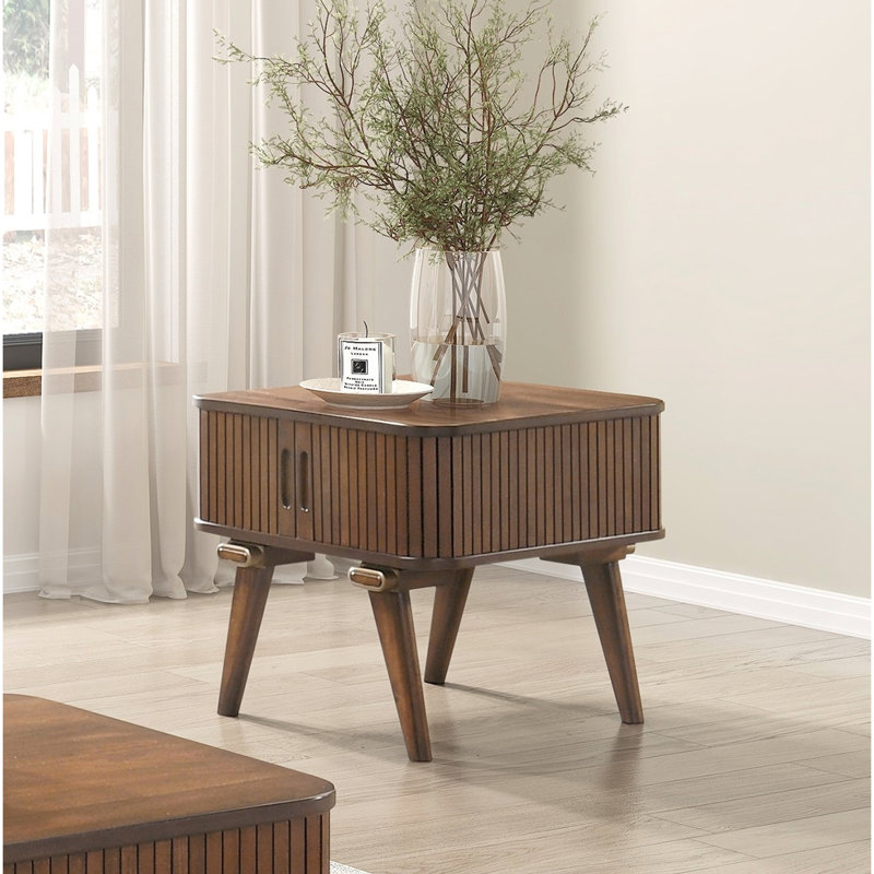 Table de bout en noyer de style Mid-Century avec 2 portes tambour et espace de rangement utile organisé